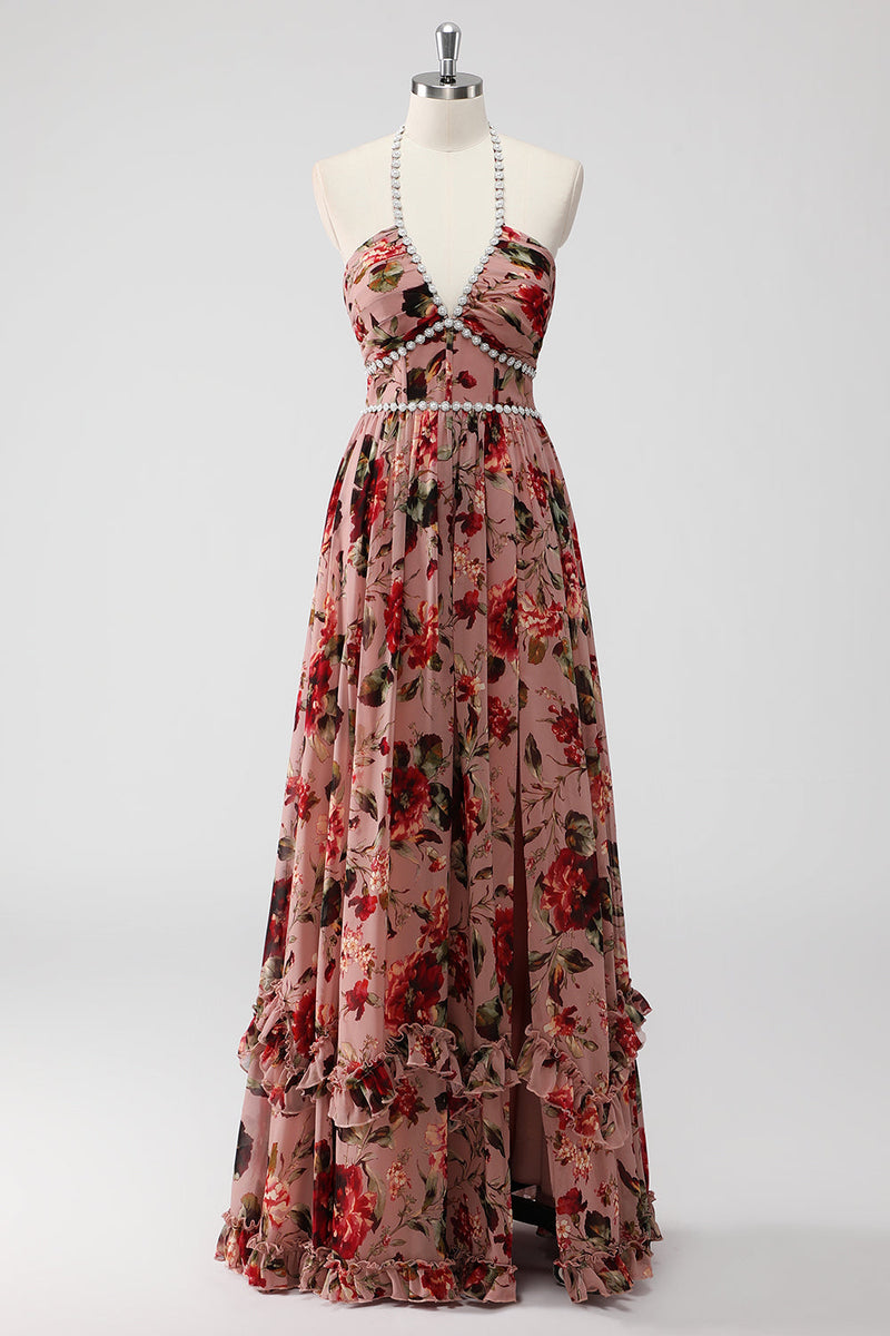 Laden Sie das Bild in den Galerie-Viewer, Dusty Rose Neckholder Blumen A Linie Hochzeitsgastkleid mit Schlitz