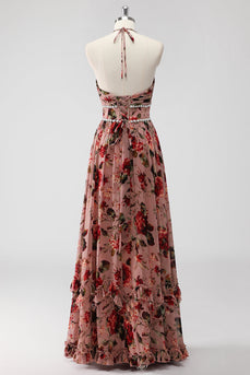 Dusty Rose Neckholder Blumen A Linie Hochzeitsgastkleid mit Schlitz