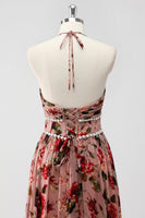 Laden Sie das Bild in den Galerie-Viewer, Dusty Rose Neckholder Blumen A Linie Hochzeitsgastkleid mit Schlitz
