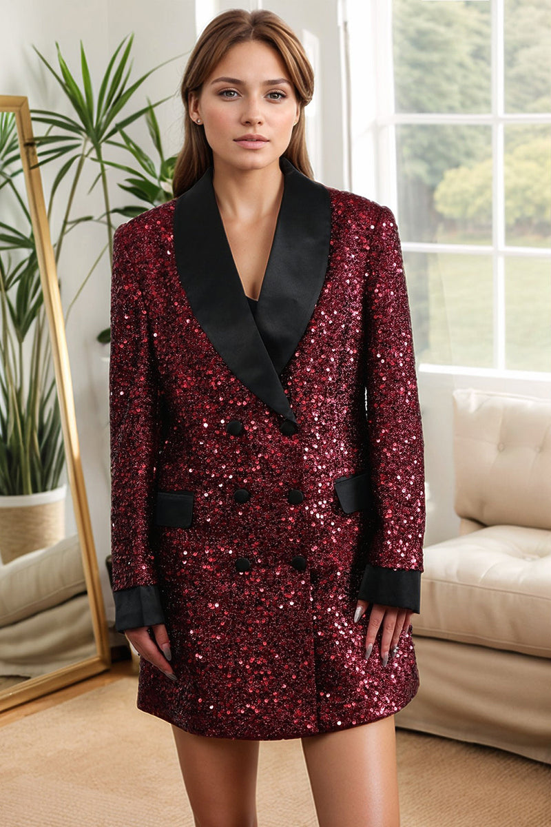 Laden Sie das Bild in den Galerie-Viewer, Glitzernder burgunder Bodycon Maxi Blazer für Damen