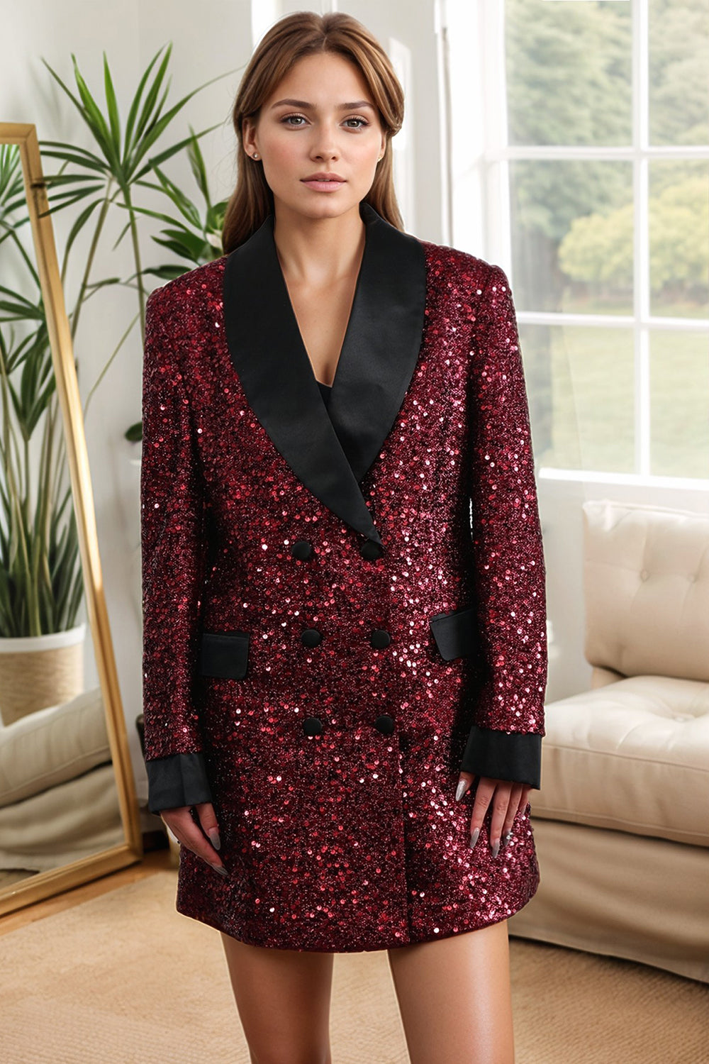 Glitzernder burgunder Bodycon Maxi Blazer für Damen