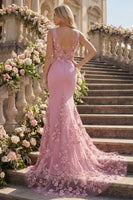 Laden Sie das Bild in den Galerie-Viewer, Meerjungfrauen-Taro V-Ausschnitt, gerafftes langes Abschlussballkleid mit appliquierten 3D-Blumen