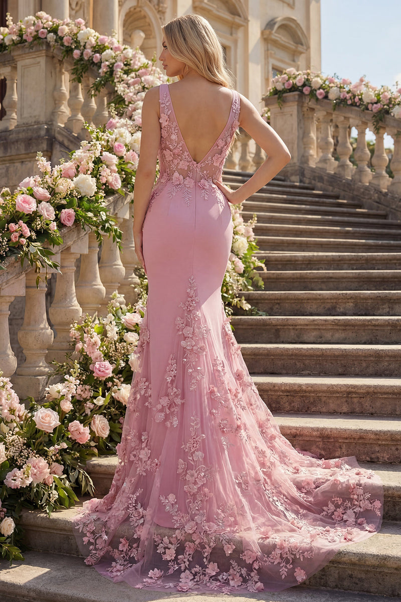 Laden Sie das Bild in den Galerie-Viewer, Meerjungfrauen-Taro V-Ausschnitt, gerafftes langes Abschlussballkleid mit appliquierten 3D-Blumen