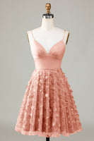 Laden Sie das Bild in den Galerie-Viewer, A-Linie Spaghettiträger Kurzes Brautjungfernkleid mit Applikationen