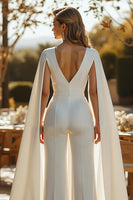 Laden Sie das Bild in den Galerie-Viewer, Elfenbein V-Ausschnitt Umhangärmel Hochzeit Jumpsuits