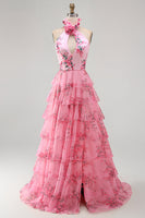 Laden Sie das Bild in den Galerie-Viewer, Langes Halter Blush Chiffon Stufen Ballkleid mit Rüschen und 3D-Blume