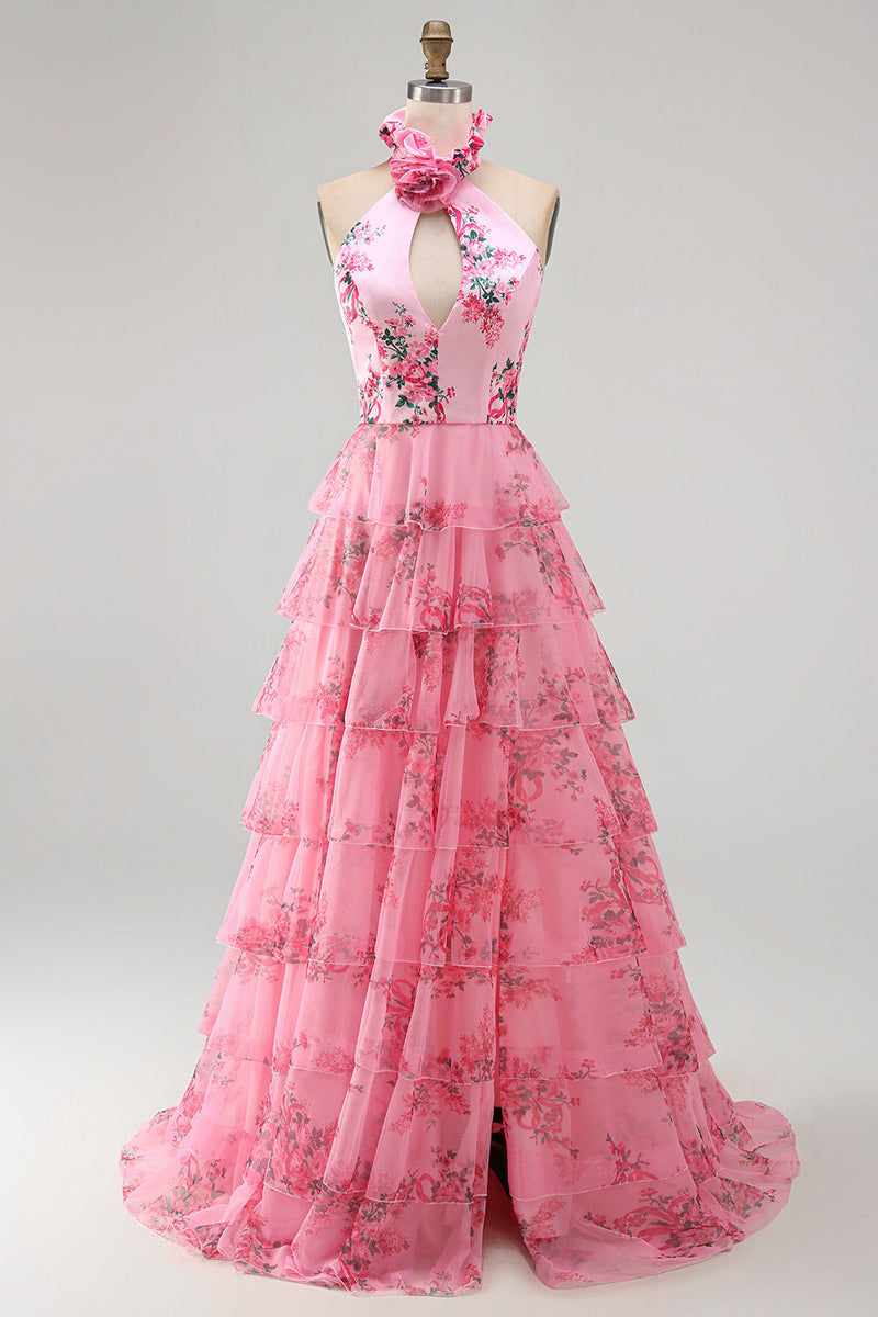 Laden Sie das Bild in den Galerie-Viewer, Langes Halter Blush Chiffon Stufen Ballkleid mit Rüschen und 3D-Blume