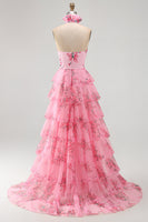 Laden Sie das Bild in den Galerie-Viewer, Langes Halter Blush Chiffon Stufen Ballkleid mit Rüschen und 3D-Blume