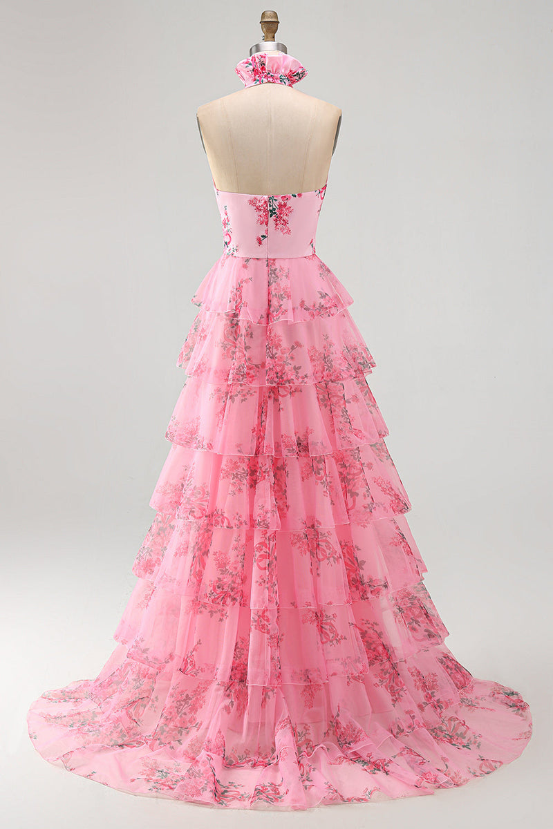 Laden Sie das Bild in den Galerie-Viewer, Langes Halter Blush Chiffon Stufen Ballkleid mit Rüschen und 3D-Blume