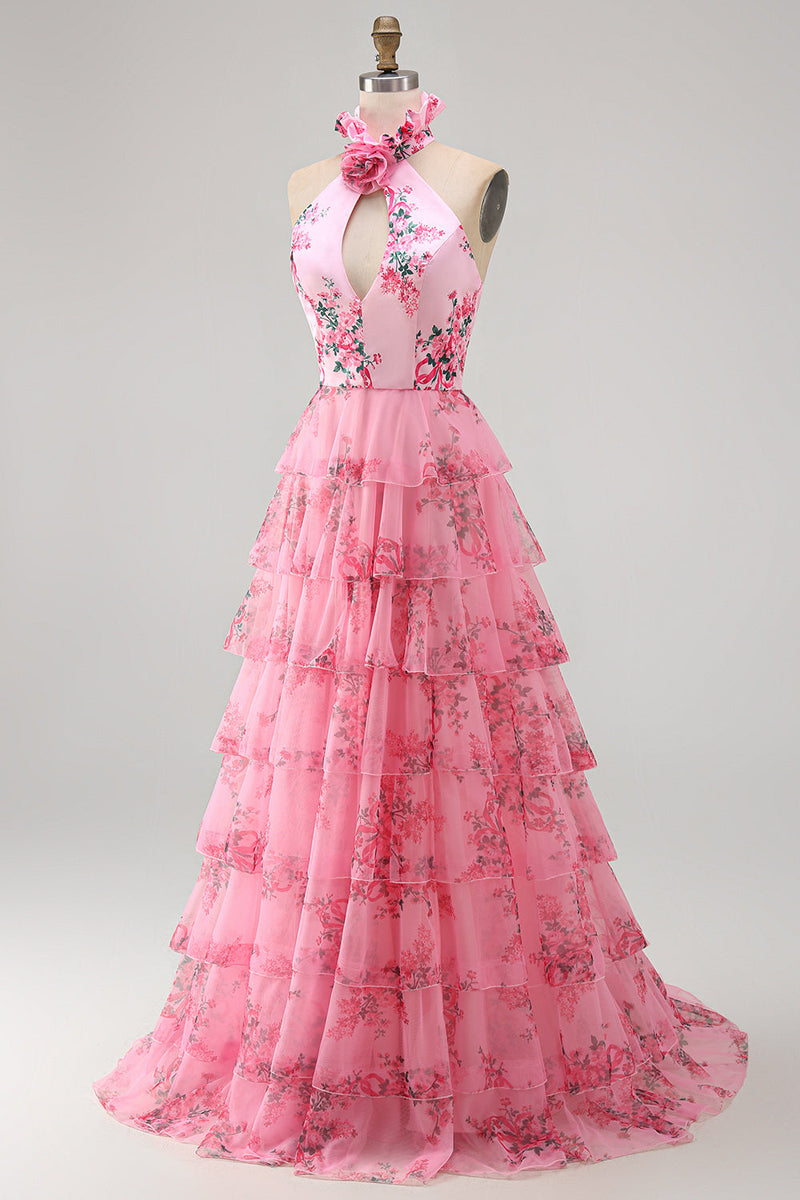 Laden Sie das Bild in den Galerie-Viewer, Langes Halter Blush Chiffon Stufen Ballkleid mit Rüschen und 3D-Blume