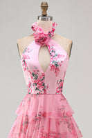 Laden Sie das Bild in den Galerie-Viewer, Langes Halter Blush Chiffon Stufen Ballkleid mit Rüschen und 3D-Blume