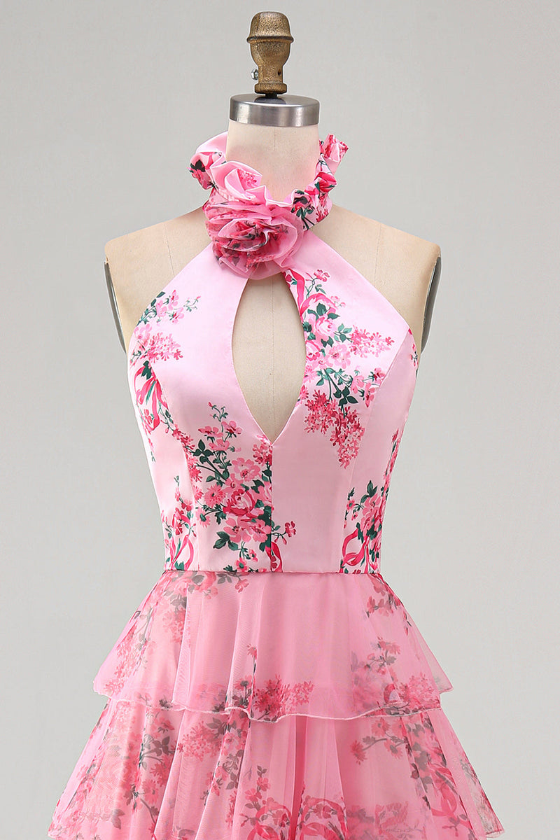 Laden Sie das Bild in den Galerie-Viewer, Langes Halter Blush Chiffon Stufen Ballkleid mit Rüschen und 3D-Blume
