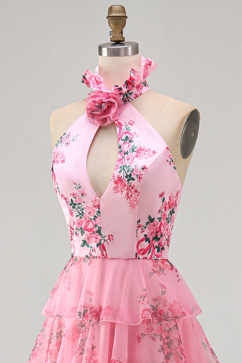 Laden Sie das Bild in den Galerie-Viewer, Langes Halter Blush Chiffon Stufen Ballkleid mit Rüschen und 3D-Blume
