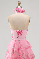 Laden Sie das Bild in den Galerie-Viewer, Langes Halter Blush Chiffon Stufen Ballkleid mit Rüschen und 3D-Blume