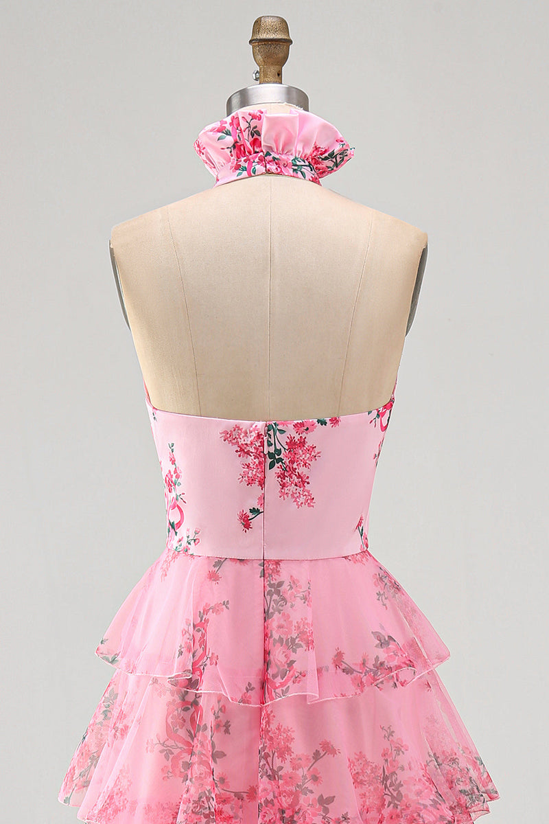 Laden Sie das Bild in den Galerie-Viewer, Langes Halter Blush Chiffon Stufen Ballkleid mit Rüschen und 3D-Blume