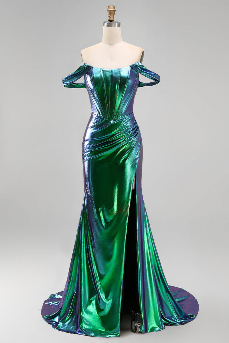 Laden Sie das Bild in den Galerie-Viewer, Metallisches smaragdgrünes Meerjungfrauen-Korsett mit Zügel, langes Abschlussballkleid mit seitlichem Schlitz
