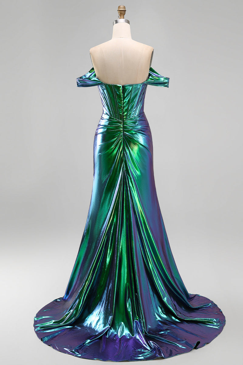 Laden Sie das Bild in den Galerie-Viewer, Metallisches smaragdgrünes Meerjungfrauen-Korsett mit Zügel, langes Abschlussballkleid mit seitlichem Schlitz
