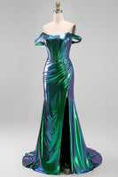 Laden Sie das Bild in den Galerie-Viewer, Metallisches smaragdgrünes Meerjungfrauen-Korsett mit Zügel, langes Abschlussballkleid mit seitlichem Schlitz