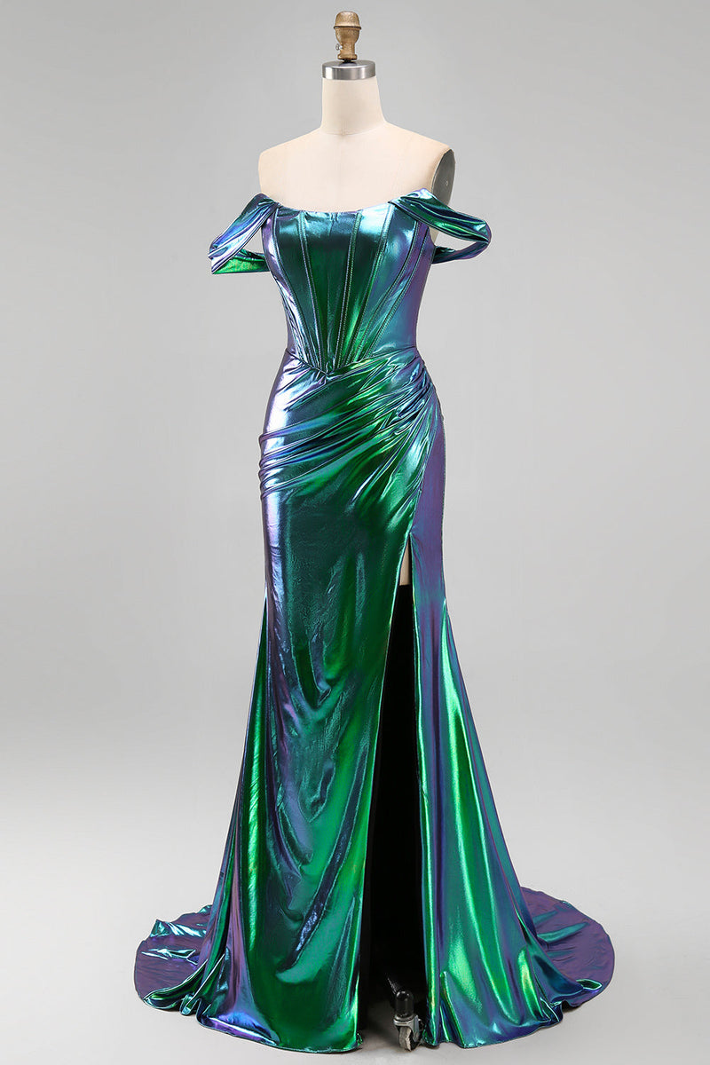 Laden Sie das Bild in den Galerie-Viewer, Metallisches smaragdgrünes Meerjungfrauen-Korsett mit Zügel, langes Abschlussballkleid mit seitlichem Schlitz