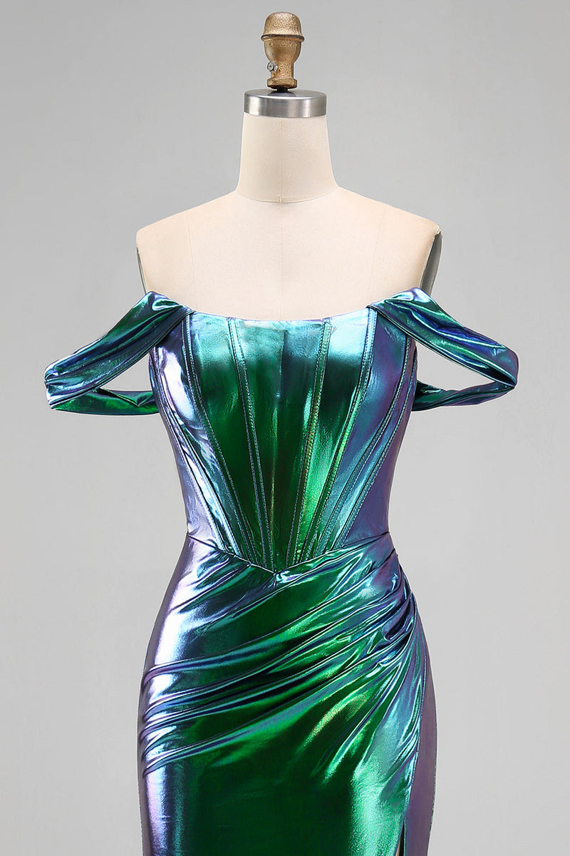 Laden Sie das Bild in den Galerie-Viewer, Metallisches smaragdgrünes Meerjungfrauen-Korsett mit Zügel, langes Abschlussballkleid mit seitlichem Schlitz