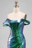 Laden Sie das Bild in den Galerie-Viewer, Metallisches smaragdgrünes Meerjungfrauen-Korsett mit Zügel, langes Abschlussballkleid mit seitlichem Schlitz