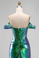 Laden Sie das Bild in den Galerie-Viewer, Metallisches smaragdgrünes Meerjungfrauen-Korsett mit Zügel, langes Abschlussballkleid mit seitlichem Schlitz