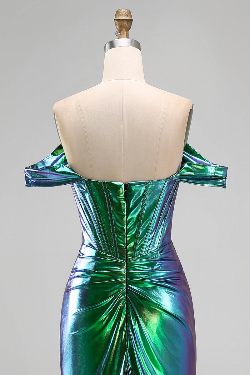 Laden Sie das Bild in den Galerie-Viewer, Metallisches smaragdgrünes Meerjungfrauen-Korsett mit Zügel, langes Abschlussballkleid mit seitlichem Schlitz