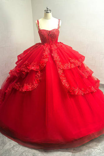 Funkelndes Rotes Ballkleid Spaghettiträger Perlenbesetztes Quinceanera Kleid mit Applikationen