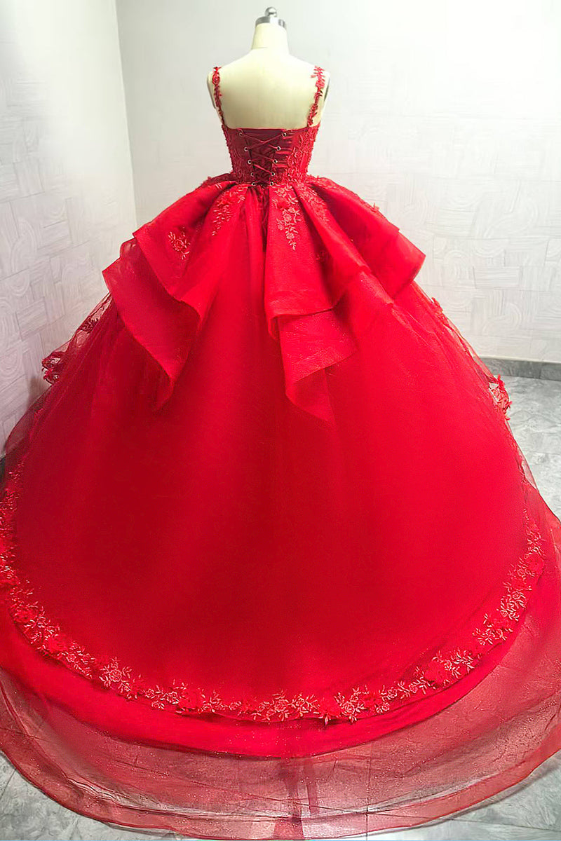 Laden Sie das Bild in den Galerie-Viewer, Funkelndes Rotes Ballkleid Spaghettiträger Perlenbesetztes Quinceanera Kleid mit Applikationen