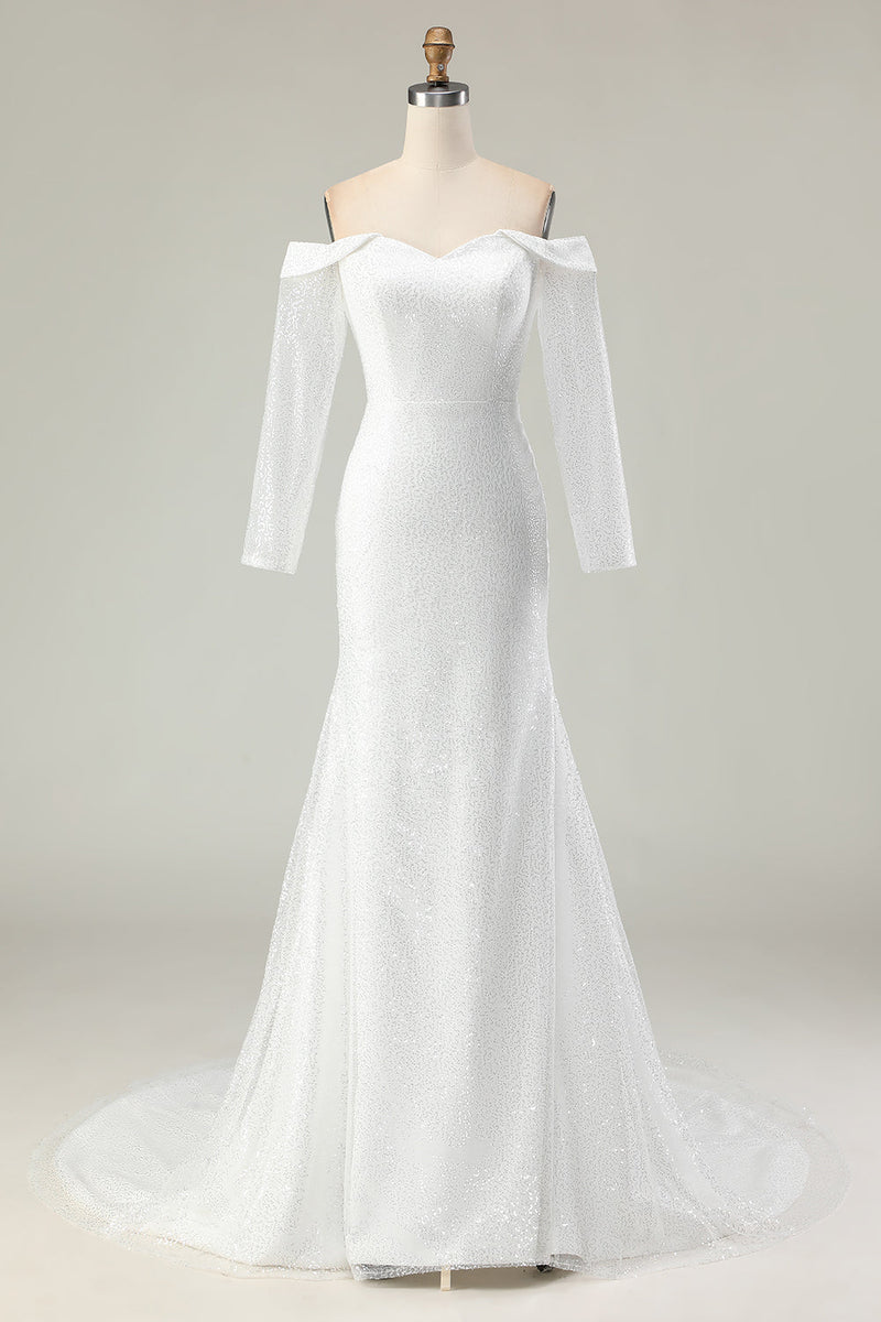 Laden Sie das Bild in den Galerie-Viewer, Elfenbein Schulterfreies Meerjungfrauen Brautkleid aus mattem Satin