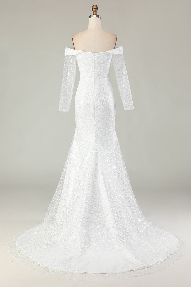 Laden Sie das Bild in den Galerie-Viewer, Elfenbein Schulterfreies Meerjungfrauen Brautkleid aus mattem Satin