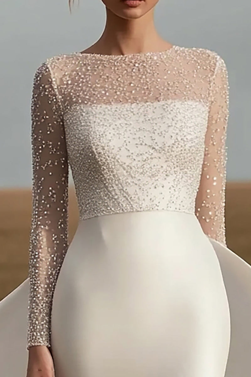 Laden Sie das Bild in den Galerie-Viewer, Elfenbein Satin Brautkleid mit langen Ärmeln und Perlen