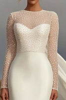 Laden Sie das Bild in den Galerie-Viewer, Elfenbein Etui Satin Brautkleid mit Rundhalsausschnitt und langen Ärmeln