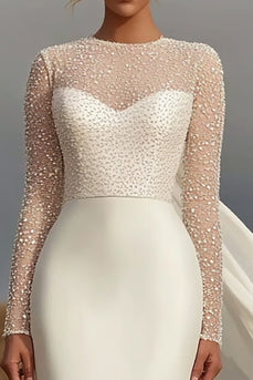 Elfenbein Etui Satin Brautkleid mit Rundhalsausschnitt und langen Ärmeln