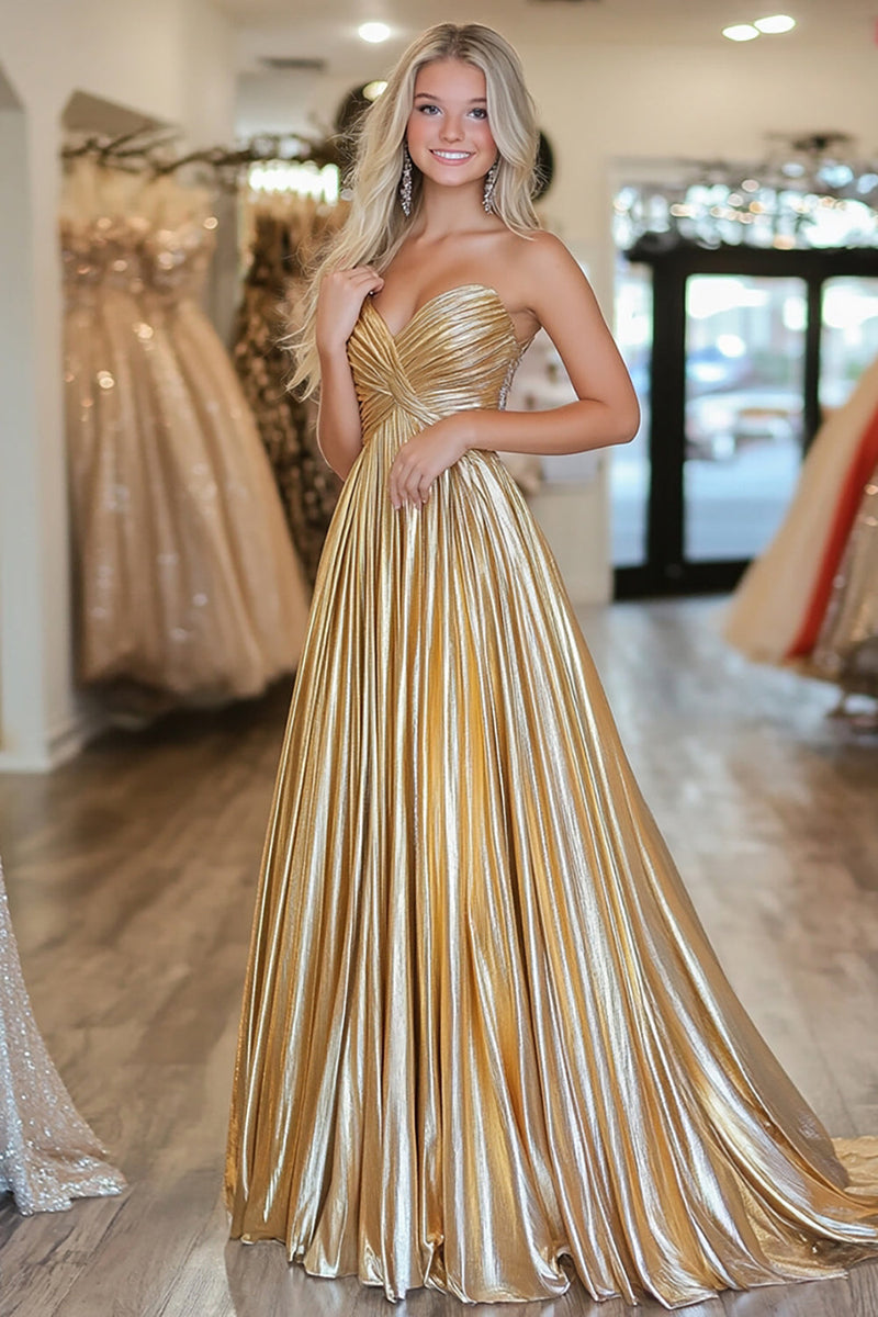 Laden Sie das Bild in den Galerie-Viewer, Schickes Goldenes A-Linie Satin Ballkleid mit Falten