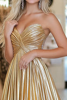 Laden Sie das Bild in den Galerie-Viewer, Schickes Goldenes A-Linie Satin Ballkleid mit Falten