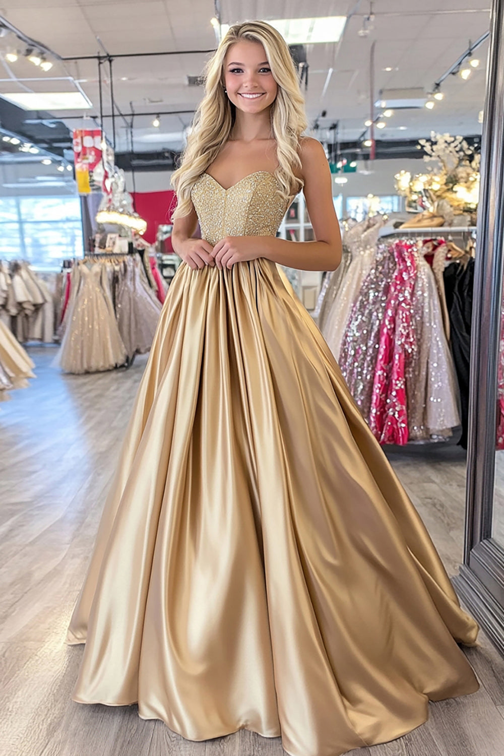 Glitzerndes Goldenes A-Linie Ballkleid mit Falten