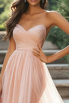 Schickes Blush Herzausschnitt A-Linie Gerafftes Ballkleid aus Tüll mit Schlitz