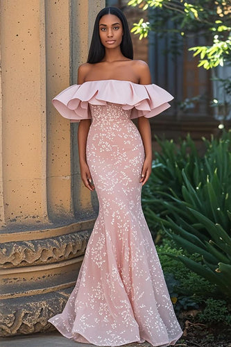 Mermaid Blush Schulterfreies Appliziertes Langes Ballkleid