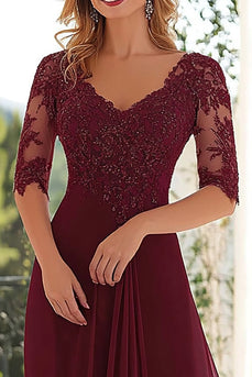 Elegantes Burgunderrotes Langes A-Linie Chiffon Brautmutterkleid mit V-Ausschnitt und Spitzenapplikationen