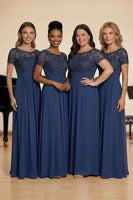 Laden Sie das Bild in den Galerie-Viewer, Marineblaues A-Linie Langarm Chiffon Chorkleid mit Perlenbesatz