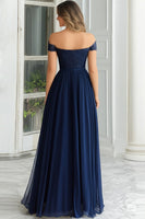 Laden Sie das Bild in den Galerie-Viewer, Elegantes Langes A-Linie Schulterfreies Marineblaues Chiffon Brautmutterkleid mit Spitzenapplikationen