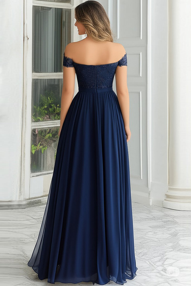 Laden Sie das Bild in den Galerie-Viewer, Elegantes Langes A-Linie Schulterfreies Marineblaues Chiffon Brautmutterkleid mit Spitzenapplikationen