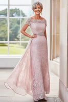 Laden Sie das Bild in den Galerie-Viewer, Elegantes Blush Schulterfreies Säule Spitze Langes Brautmutterkleid mit Strass