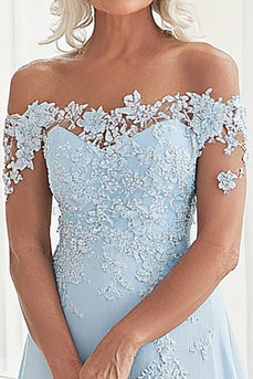 Himmelblaues A-Linie Schulterfreies Kleid für die Mutter der Braut mit Spitzenapplikationen