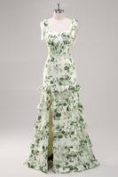 Laden Sie das Bild in den Galerie-Viewer, Grüne Blume A-Linie Langes Brautjungfernkleid mit quadratischem Ausschnitt und Schlitz