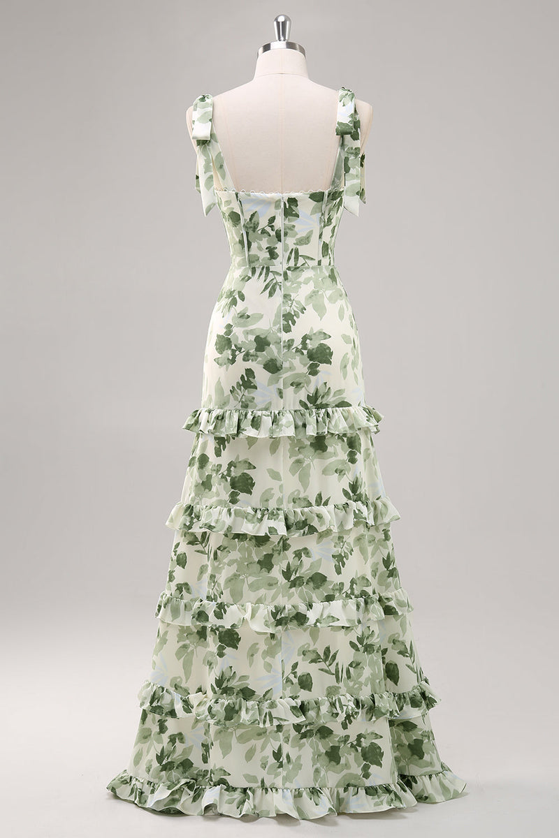 Laden Sie das Bild in den Galerie-Viewer, Grüne Blume A-Linie Langes Brautjungfernkleid mit quadratischem Ausschnitt und Schlitz