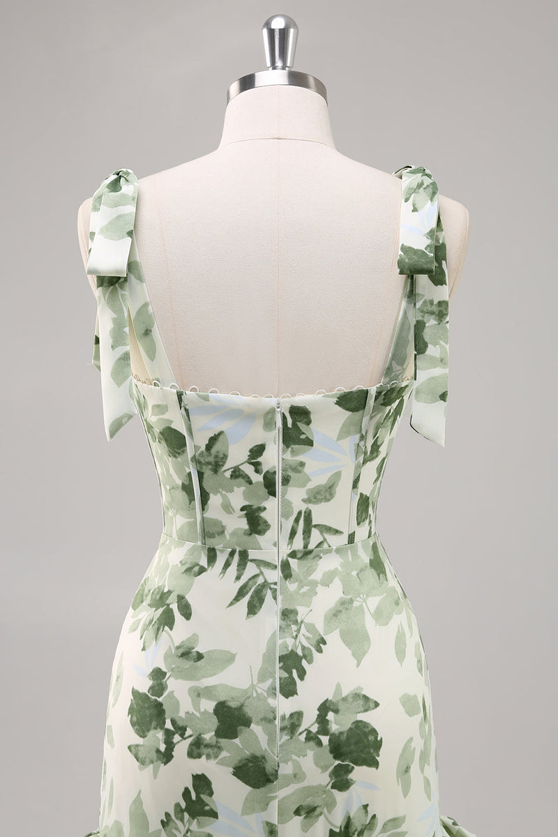 Laden Sie das Bild in den Galerie-Viewer, Grüne Blume A-Linie Langes Brautjungfernkleid mit quadratischem Ausschnitt und Schlitz