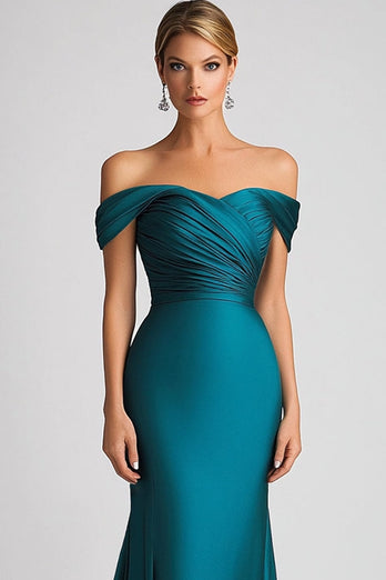 Mermaid Schulterfreies Pfauenblaues Satin Abendkleid mit Rüschen