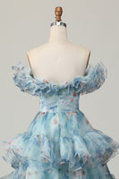 Laden Sie das Bild in den Galerie-Viewer, Geblümtes Blaues Langes A-Linie Schulterfreies Ballkleid mit Rüschen